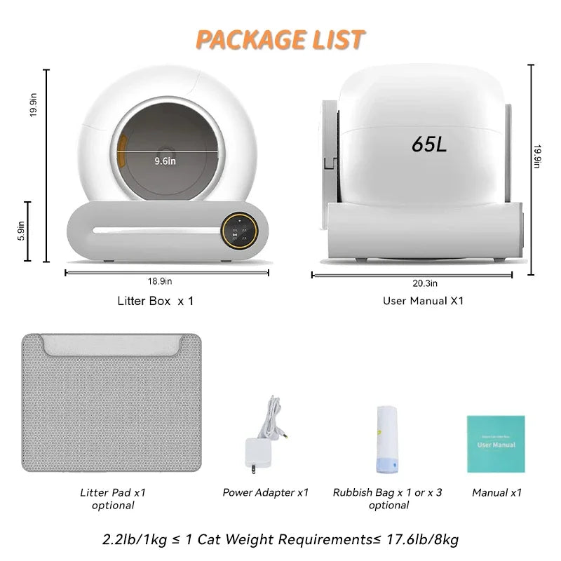 65L Intelligent Self-Cleaning Cat Litter Box with APP Automatic Smart Cat Litter Box Fully Enclosed Pet Toilet Litter Tray