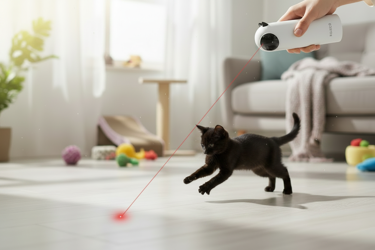 Handheld LED laser cat toy in use with cat chasing the laser dot