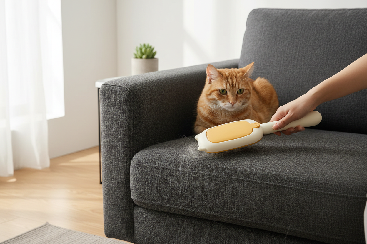 Self-cleaning pet hair remover being used on a sofa to remove cat hair