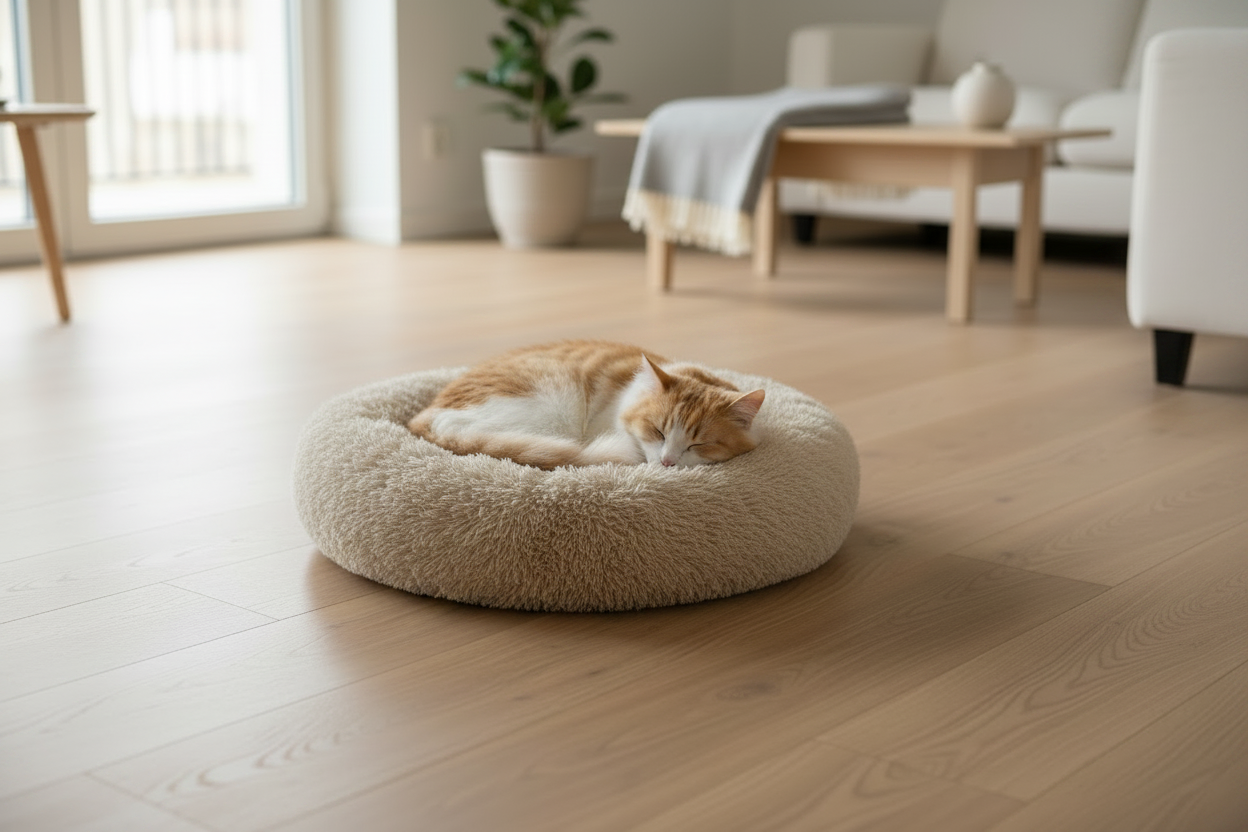 Fluffy cat curled up sleeping in a warm plush round cat bed