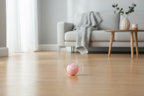 Rechargeable rolling electric cat ball toy on hardwood floor