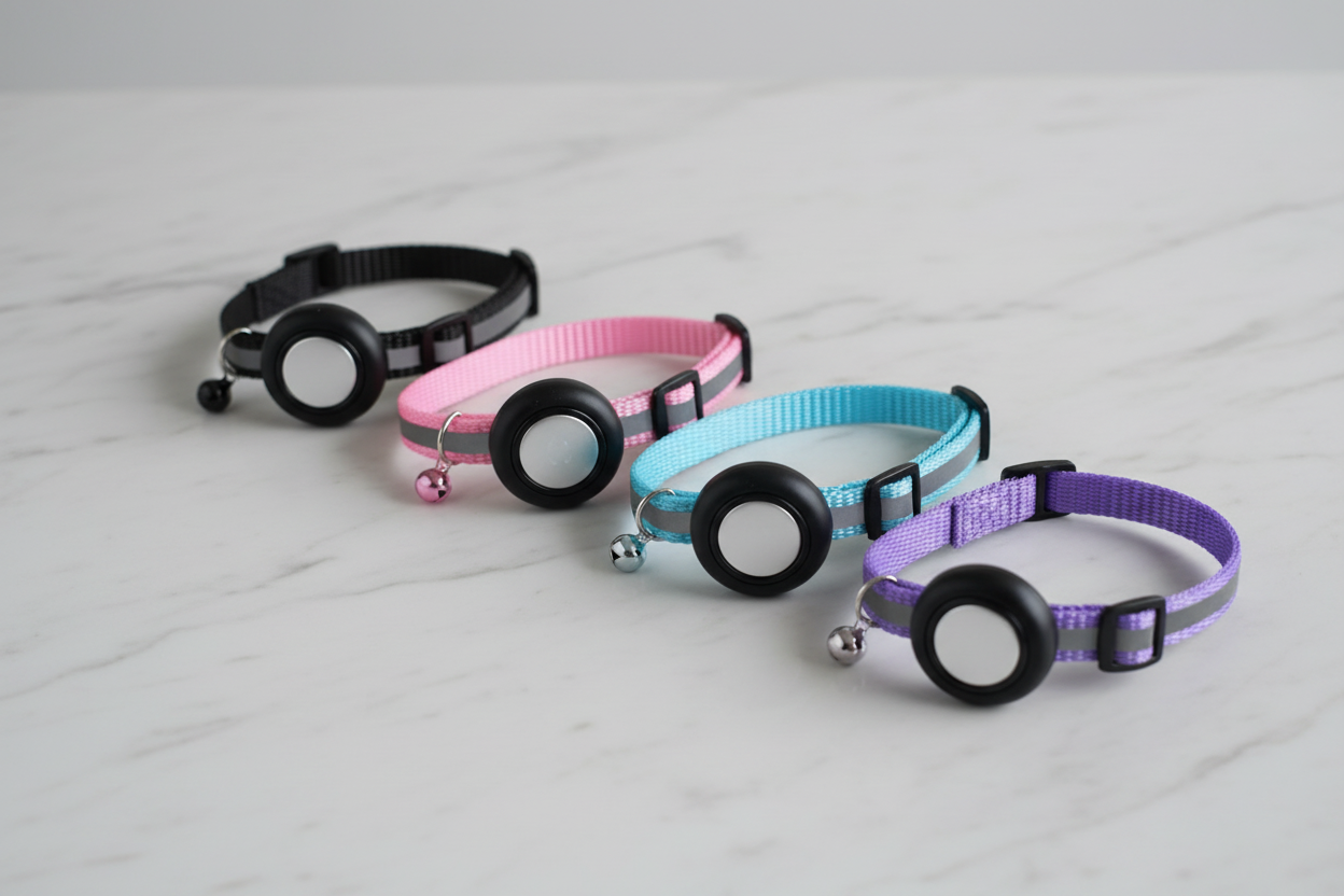Reflective cat collar with Apple AirTag holder flat lay on marble surface