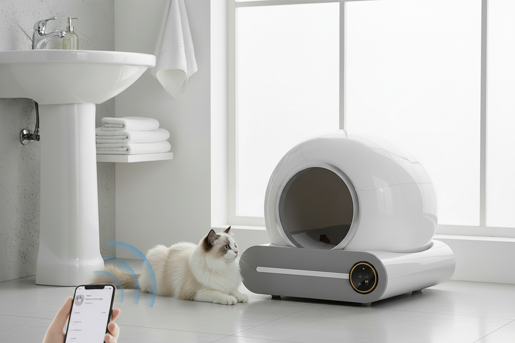 65L self-cleaning cat litter box in a minimalist bathroom setting