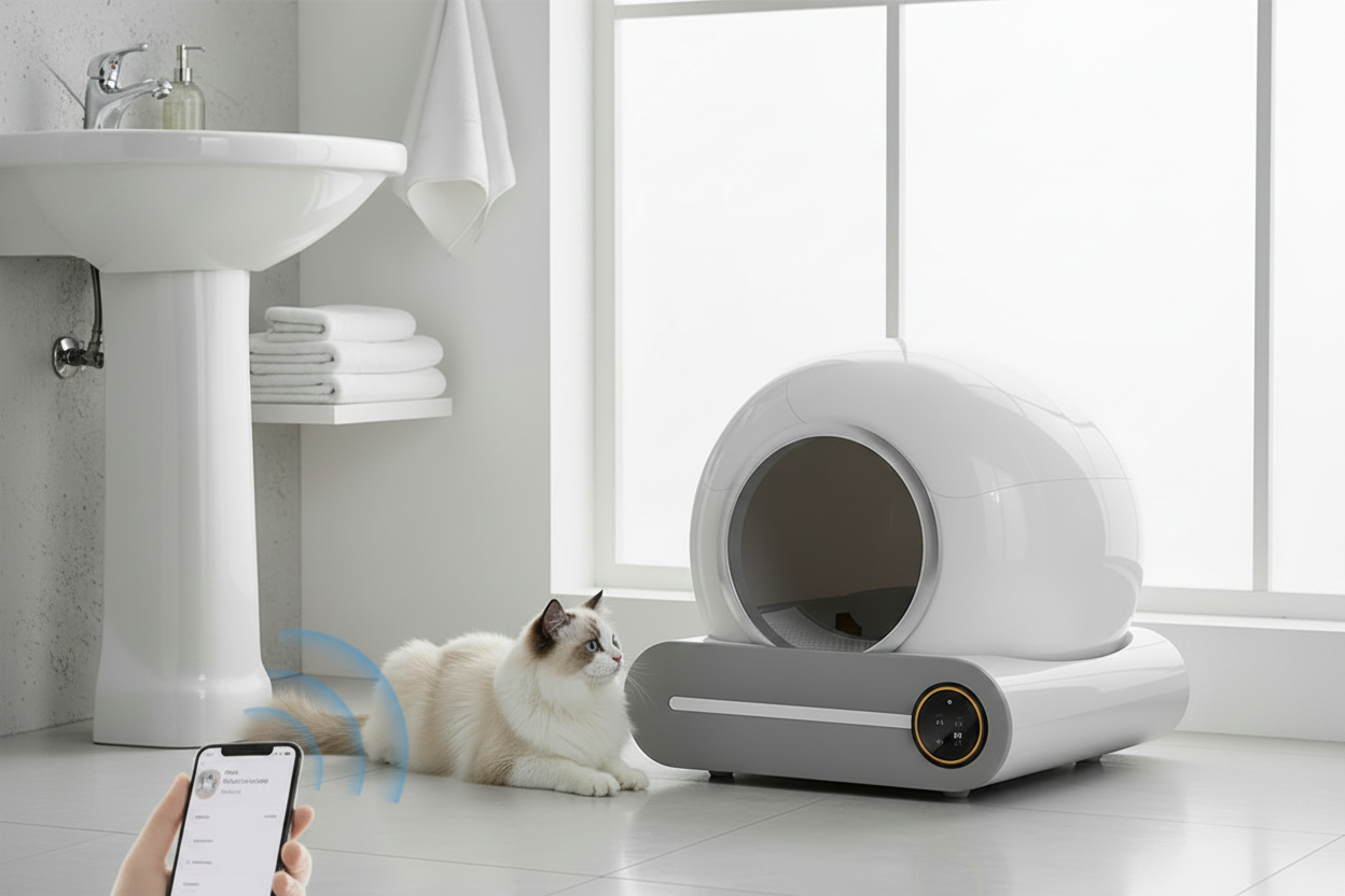 65L self-cleaning cat litter box in a minimalist bathroom setting